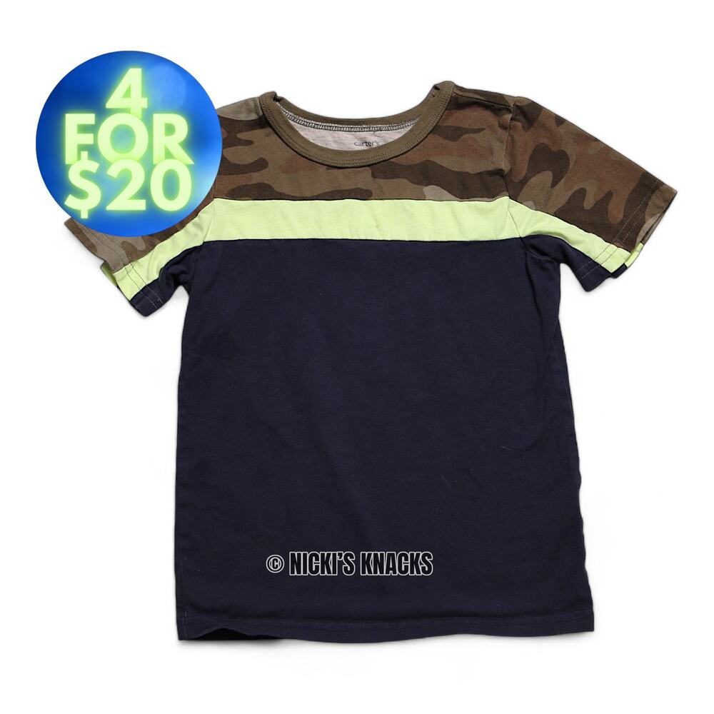 4/$20 - Carters Boys Camo & Navy Blue Striped Short Sleeve Cotton T-Shirt Size 6